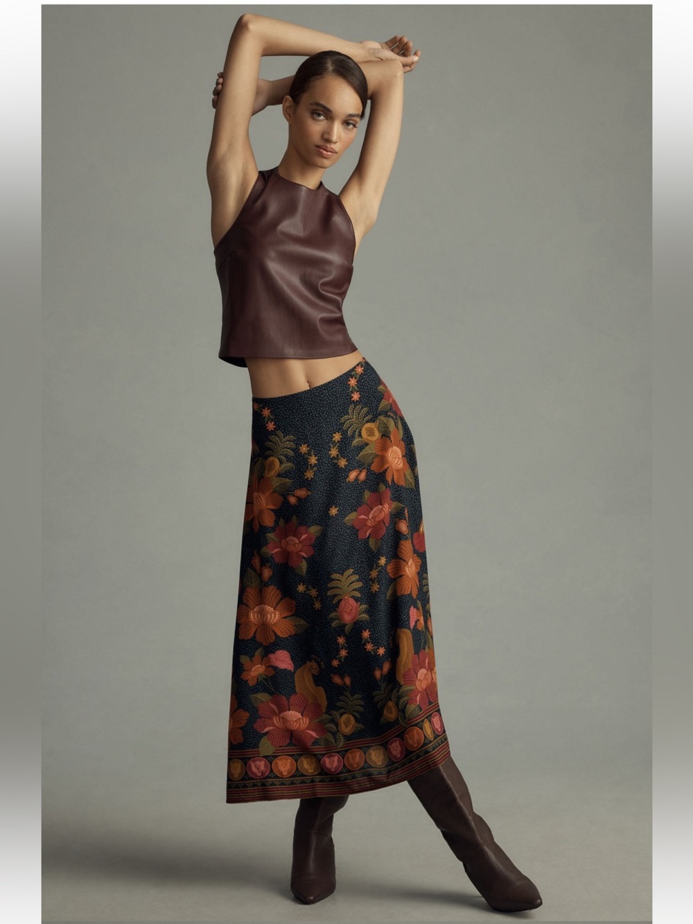 New Anthropologie Farm Rio Satin Slip Pineapple Floral Green Resort Midi Skirt M - Picture 2 of 9